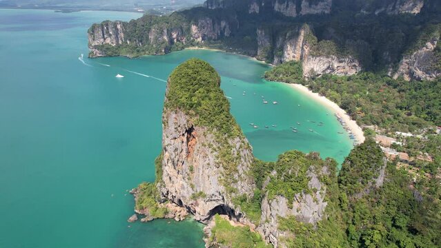 Tilt up aerial footage of West Railay bay on sunny day. Ao Nang, Krabi Province, Thailand..