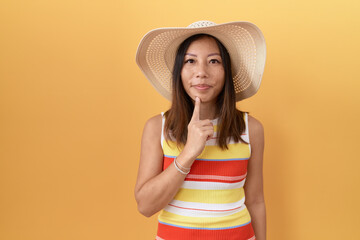 Middle age chinese woman wearing summer hat over yellow background thinking concentrated about...