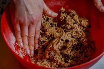 hands mixing a dough of flour, sugar, eggs and chocolate chips to make cookies