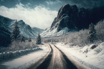 winter landscape in the mountains with a snowy and frozen road. Generative AI