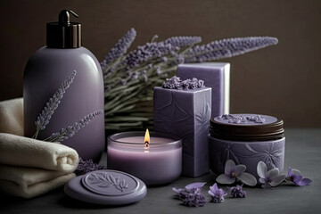 Obraz na płótnie Canvas spa with lavender round stones and candles. wellness hotel concept. Generative AI