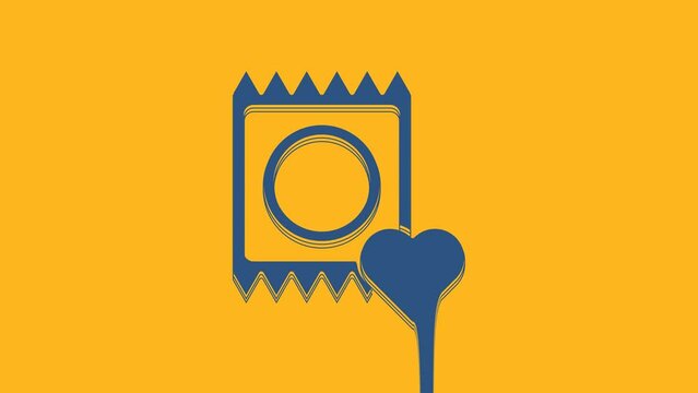 Blue Condom in package icon isolated on orange background. Safe love symbol. Contraceptive method for male. 4K Video motion graphic animation