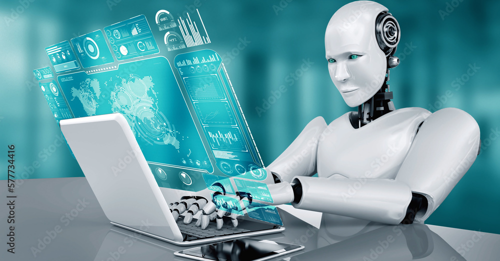 Poster robot hominoid use laptop and sit at table for big data analytic using ai thinking brain , artificia