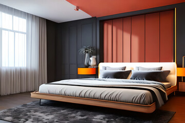Elegant, modern bedroom interior design with dark shades of grey colour and coral red to orange accents in a sunny room. 3D visualization of bedroom interior sketch. Ai illustration.