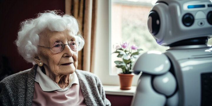 Pflege der Zukunft, Seniorin mit Roboter, generative AI