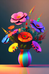 Colorful 3d flower bouquet illustration. Ai generated art.