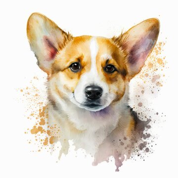 Watercolor illustration of a cute little corgi on white background. Colorful portrait of a welsh corgi in aquarelle style with paint splatters. Generative AI art.