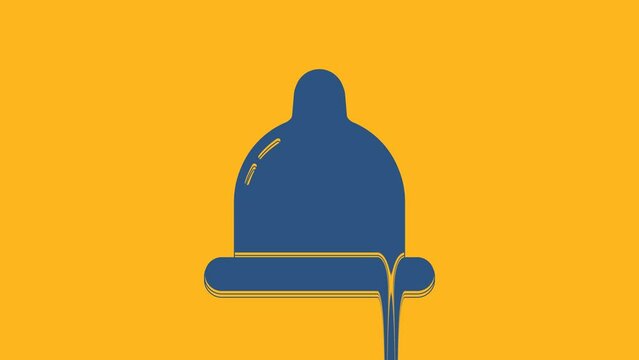 Blue Condom icon isolated on orange background. Safe love symbol. Contraceptive method for male. 4K Video motion graphic animation