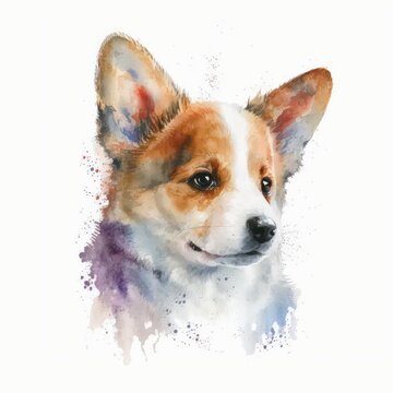 Watercolor illustration of a cute little corgi on white background. Colorful portrait of a welsh corgi in aquarelle style with paint splatters. Generative AI art.