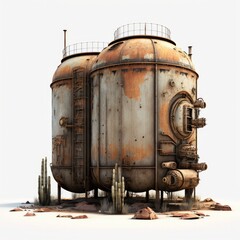 Naklejka premium Decaying Fuel Storage The Environmental Hazards of Abandoned Rusted Gas Cisterns in Post-Apocalyptic Landscapes