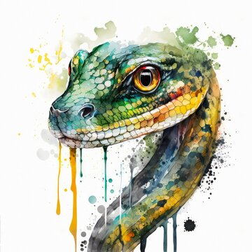 Colorful watercolor illustration of an exotic green snake. Portrait of a poisonous snake in aquarelle style with paint splashes. Generative AI art.