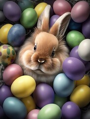 Obraz na płótnie Canvas A bunny surrounded by Easter eggs