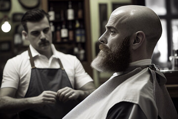 Image bald man with a full beard ready for his shave while in the background the barber prepares the razor blade. Image generated by AI from a photo of the photographer