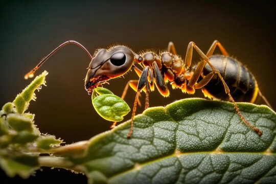 Close Up Of An Ant Eating A Green Leaf. Bugs And Insects. Generative Ai