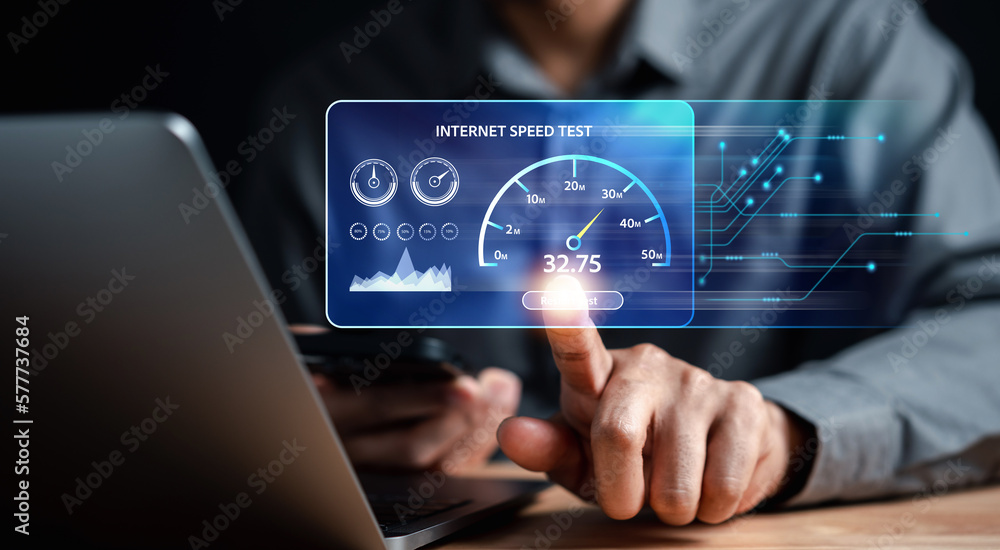 Fototapete Fast internet connection speedtest bandwidth network technology, Man using Internet high speed by smartphone 5G quality, speed optimization...