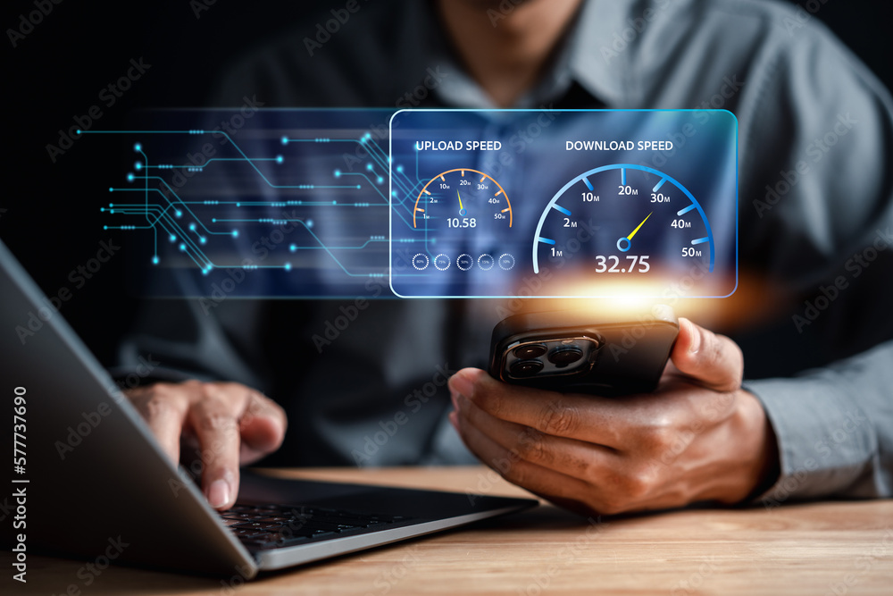 Fototapete Fast internet connection speedtest bandwidth network technology, Man using Internet high speed by smartphone 5G quality, speed optimization...