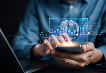 Analyst working with computer in Business Analytics and Data Management System to make report with KPI and metrics connected to database. Corporate strategy for finance, operations, sales, marketing.