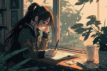 The girl near the window writes in a notebook, anime style. Generative ai.