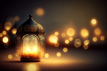 Muslim Holy Month Ramadan Kareem on bokeh light background,AI