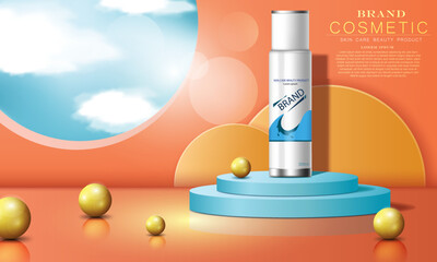 vector illustration white color realistic skin care beauty product spray bottle and golden metal balls on the orange color 3D room podium,blue sky behind the wall,use for cosmetic ad design.