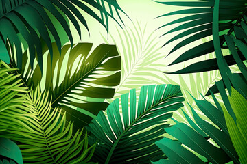 Green summer tropical background, Palm leaves, ,AI