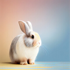 Generative AI image illustration of a cute, fluffy Easter bunny on a plain wall background with pastel colors blue, pink and orange, yellow with copy space for text for Easter cards