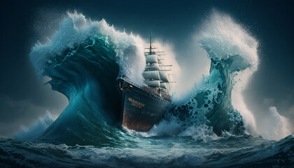 Old vessel ship on storm