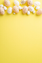 Easter celebration concept. Top view vertical photo of light pink white and gold quail eggs on isolated yellow background with blank space