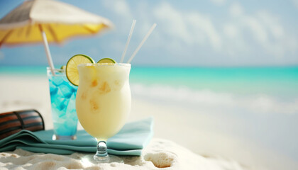 A delicious cold cocktail drink with a colorful umbrella and tropical fruits served on a white sandy beach. Generative AI creates a refreshing atmosphere perfect for a hot summer day. Generative AI