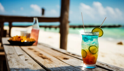 A delicious cold cocktail drink with a colorful umbrella and tropical fruits served on a white sandy beach. Generative AI creates a refreshing atmosphere perfect for a hot summer day. Generative AI