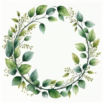 Circle frame of green leaves with watercolor painting with watercolor painting isolated on white background. Theme of vintage minimal art design in geometric. Finest generative AI.