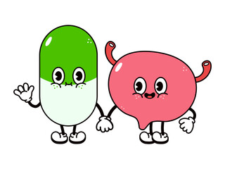 Cute, funny happy bladder and pill character. Vector hand drawn cartoon kawaii characters, illustration icon. Funny cartoon bladder and pill friends concept