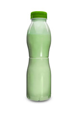 Plastic bottle on a white isolated background with yogurt and sports nutrition. Vitaminized dairy product for an active lifestyle. Element for design.