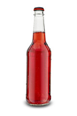 Closed glass bottle with soft drink in red color on a white isolated background. Element for design. Close-up. Advertisement for cold drinks.