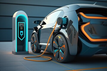 Fototapeta na wymiar Closeup Electric car at charging station,Generative AI