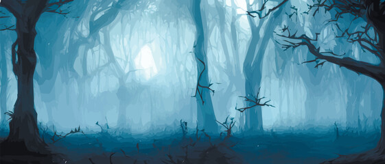 Silhouettes of trees in a dark night forest with a blue tint of fog. Fantastic mysterious landscape. Foggy forest background. Paranormal, mystical concept. Vector illustration. - obrazy, fototapety, plakaty