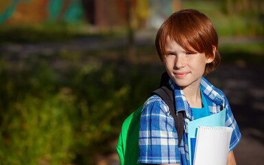 Cute little schoolboy outdoors on sunny autumn day. Young student with his backpack and notebooks. Elementary school. Back to school concept.