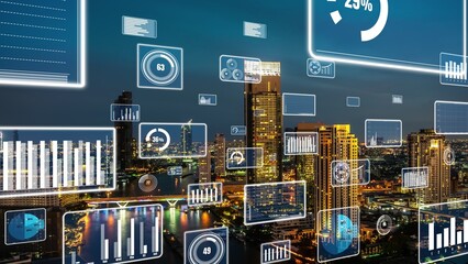 Business data analytic interface fly over smart city showing alteration future of business...