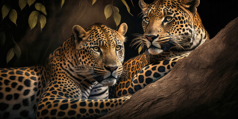 Jaguars lounging on a branch - Generative AI