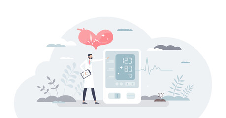 Blood pressure screening and cardiology heart beats checkup tiny person concept, transparent background. Health care procedure for hypertension or high pressure diagnosis illustration.