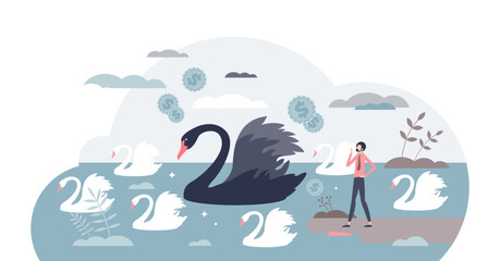 Black swan outlier as negative global financial effect tiny person concept, transparent background. Unpredictable and sudden economic loss or recession illustration. Metaphoric business collapse.