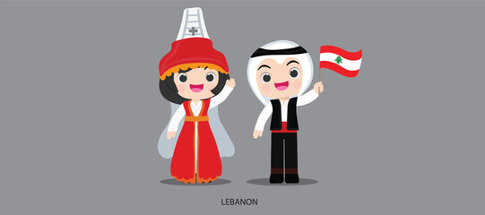 Naklejka premium national dress with a flag. Man and woman in traditional costume. Travel to Lebanon. People. Vector flat illustration.
