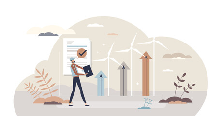 Obraz premium Environmental engineer as sustainable future energy work tiny person concept, transparent background. Professional ecological power supply development.