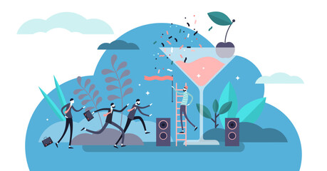 Friday illustration, transparent background. Flat tiny hurry from work to party person concept. Happy holiday celebration with alcohol drink, festive mood and cheerful atmosphere.
