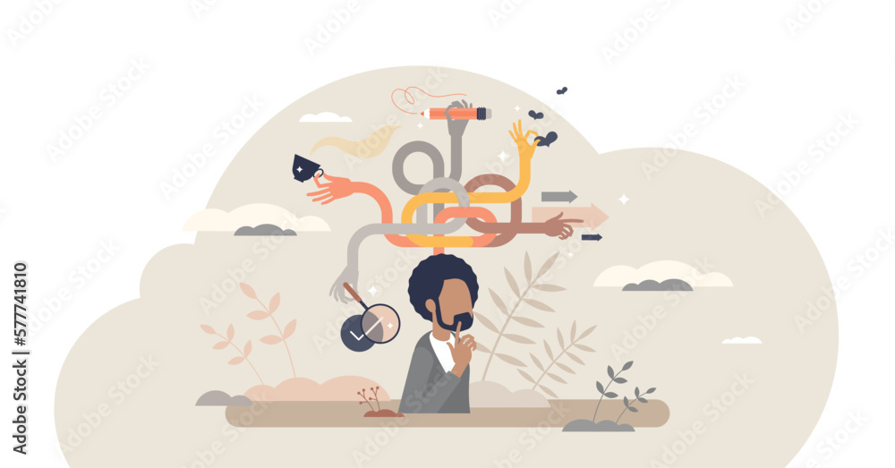 Poster multitasking mind skill and busy daily tasks management tiny person concept, transparent background.