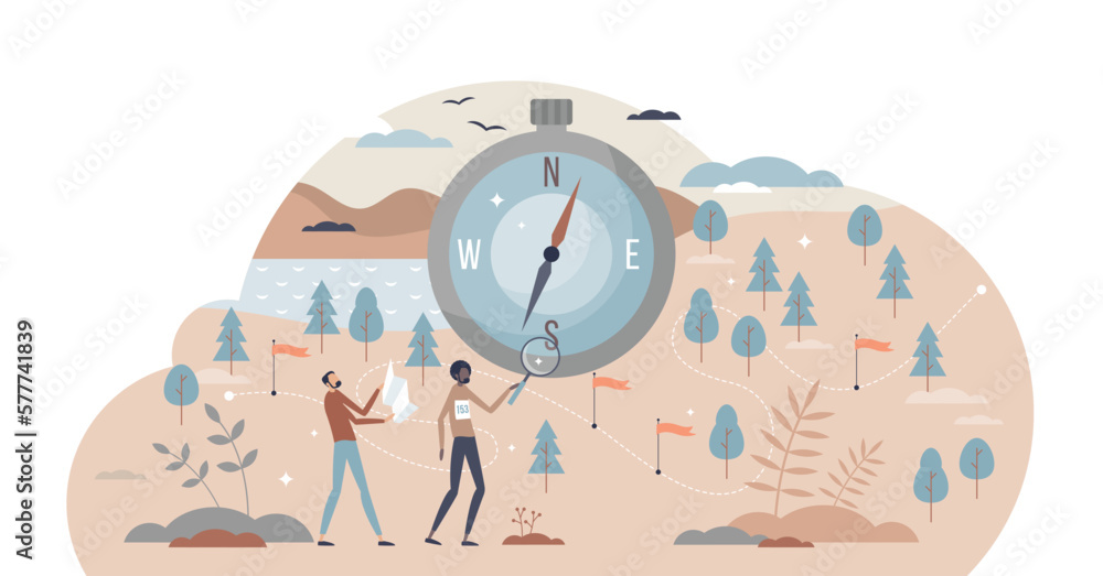 Poster orienteering sport with control point searching from map tiny person concept, transparent background