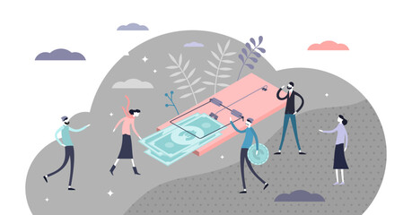 Money trap concept, financial risk metaphor, transparent background. Flat tiny person concept illustration. Symbolic mouse trap and persons group trying to get cash.