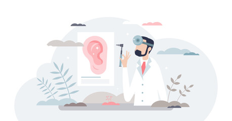 Otolaryngologist as ear, nose and throat health physician tiny person concept, transparent background. Doctor specialize occupation for hearing problems.