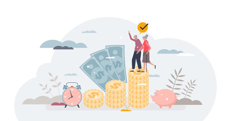 Pension fund and deposited finances for elderly times tiny person concept, transparent background. Financial plan with income part deposit for senior retirement illustration.