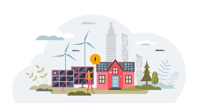 Renewable energy sources with solar or wind power tiny person concept, transparent background. Electricity production from sun panels or turbines as nature friendly.